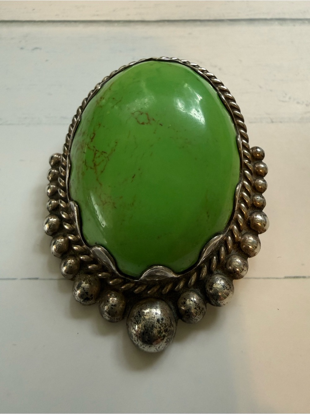 Large Taxco Sterling Silver Brooch Green Turquoise